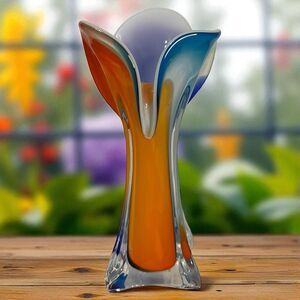 Vintage Opaline Calla Lily Flower Vase Blown Glass Orange Blue Turquoise 7.5”H